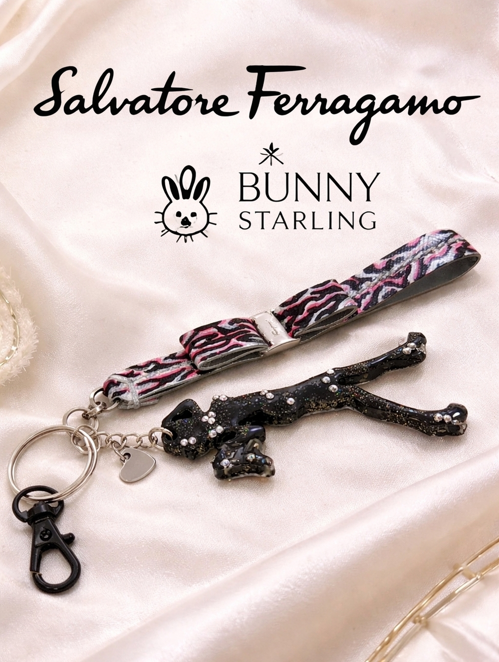 Salvatore Ferragamo Pink Zebra Keychain  Wristlet with Hot Lady Heart  Bag Charm